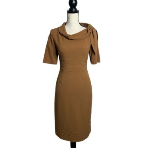 Suite 7 Elegant Camel Cowl Neckline with Shoulder Bow Sheath Dress - Picture 4 of 15